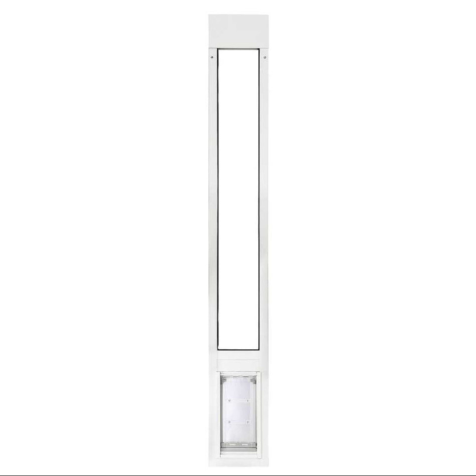 White sliding glass door pet door insert.