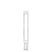 White-framed sliding glass door insert with a pet door at the bottom.