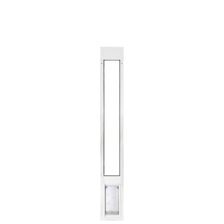 White-framed sliding glass door insert with a pet door at the bottom.
