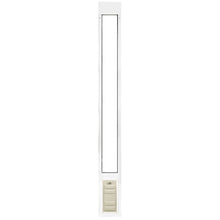 A white, vertical pet door with a narrow, rectangular opening and a flap at the bottom.