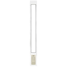 A white pet door frame with a long, narrow opening and a tan-colored flap door at the bottom.