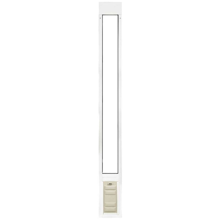 A white pet door frame with a long, narrow opening and a tan-colored flap door at the bottom.