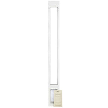 A white patio door insert with a pet door is shown.