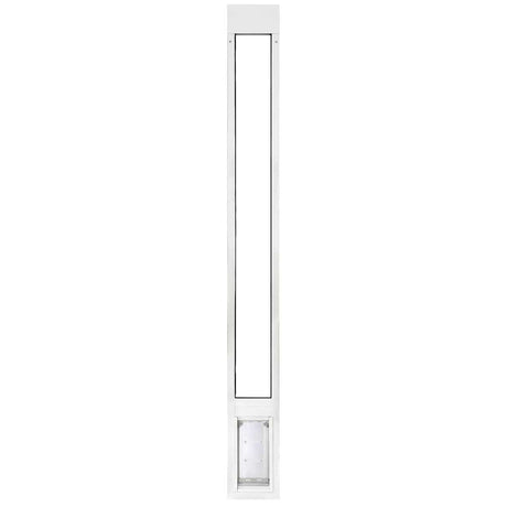 A white sliding glass door insert with a pet door.