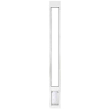 A white sliding glass door insert with a pet door.