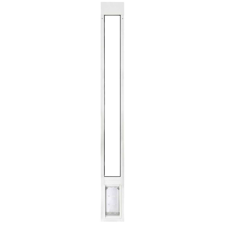 White sliding glass door insert with a pet door.