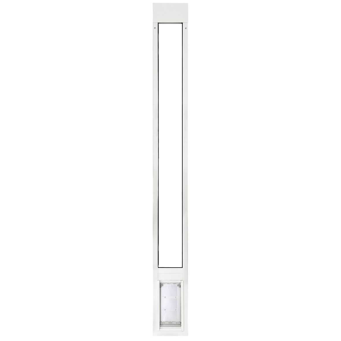 A white sliding glass door insert with a pet door.