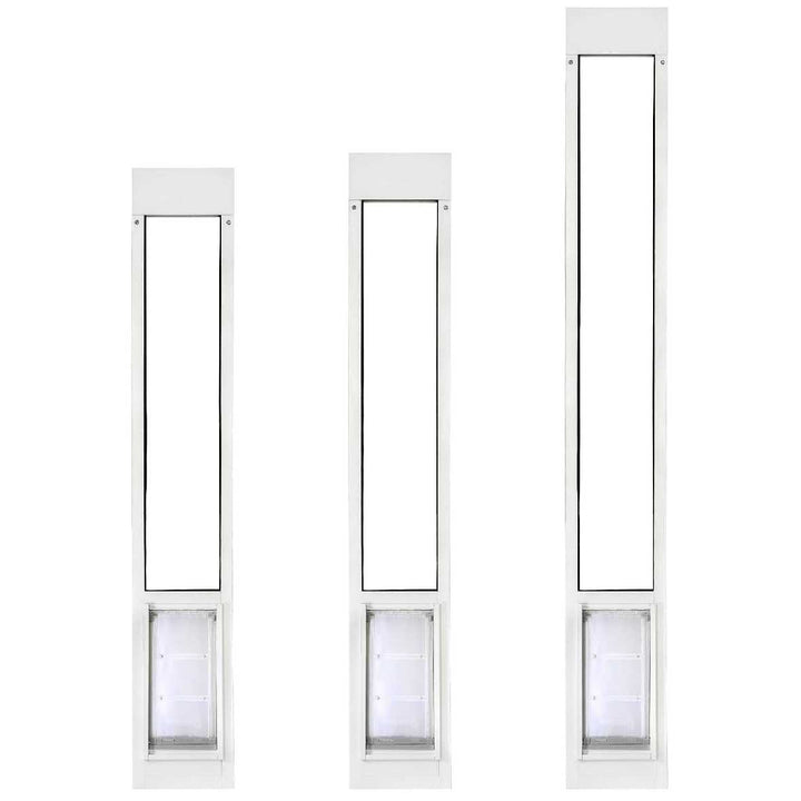 Three white pet doors of varying heights.