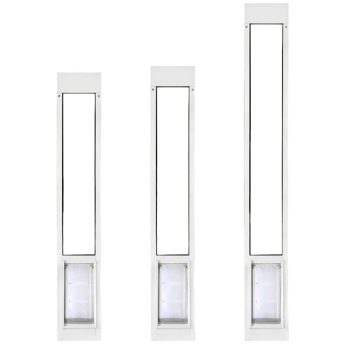 Three white pet door panels of varying heights are displayed against a white background.