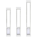 Three white pet door panels of varying heights are displayed against a white background.
