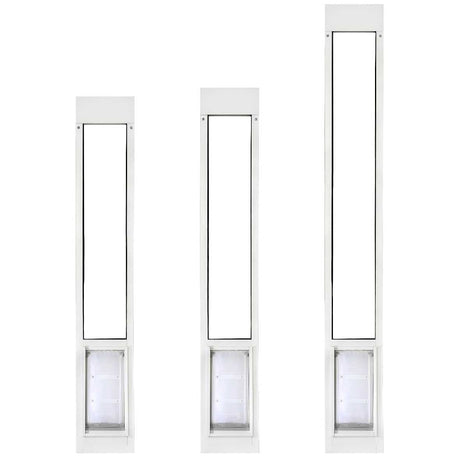 Three white-framed sliding glass dog door inserts of varying heights.