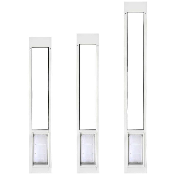 Three white-framed sliding glass dog door inserts of varying heights.