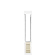 White pet door insert with a tan panel and a black-lined opening.