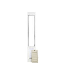 A white pet door insert for a sliding glass door with a removable tan panel.