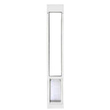 White-framed sliding glass door insert with a pet door.