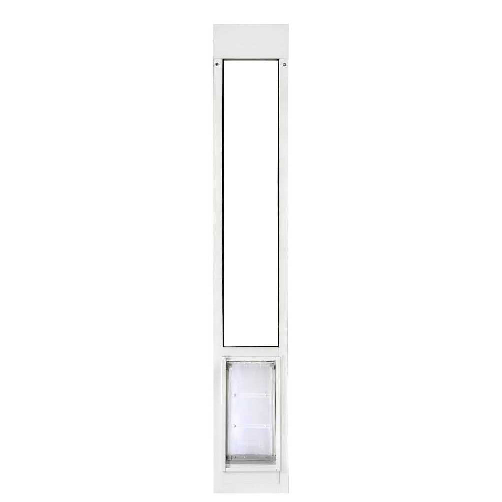 White-framed sliding glass door insert with a pet door.