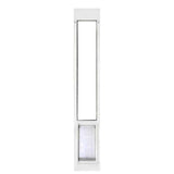 White-framed sliding glass door insert with a pet door.