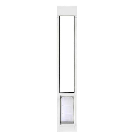 White-framed sliding glass door insert with a pet door.