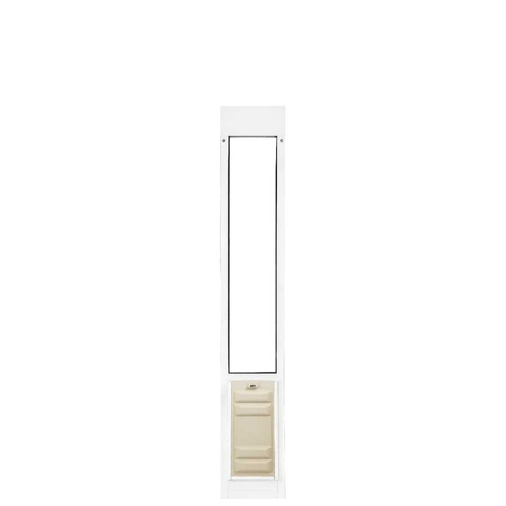 A white pet door insert with a tan stepping platform.