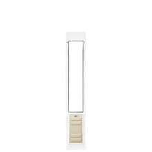 A vertical white dog door with a beige lower section.