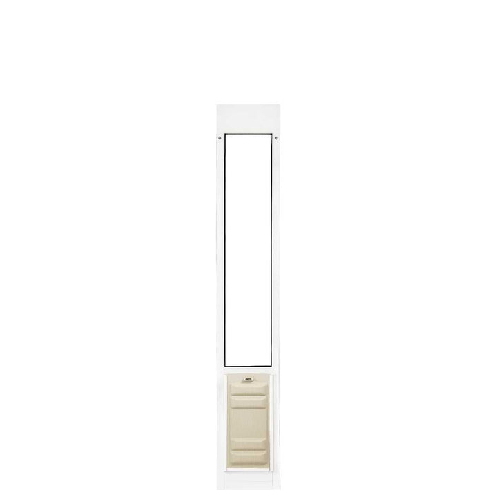 A vertical white dog door with a beige lower section.