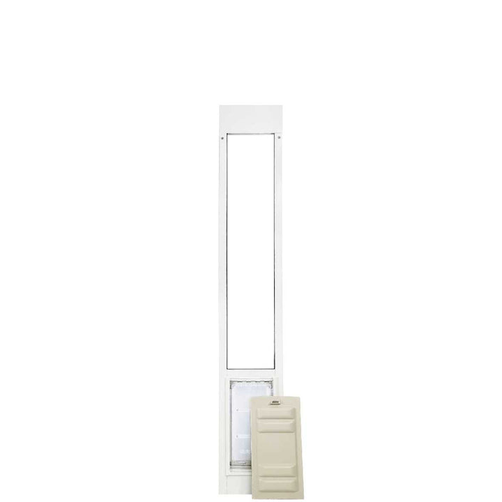 A white sliding glass door pet door insert with a tan panel leaning against it.