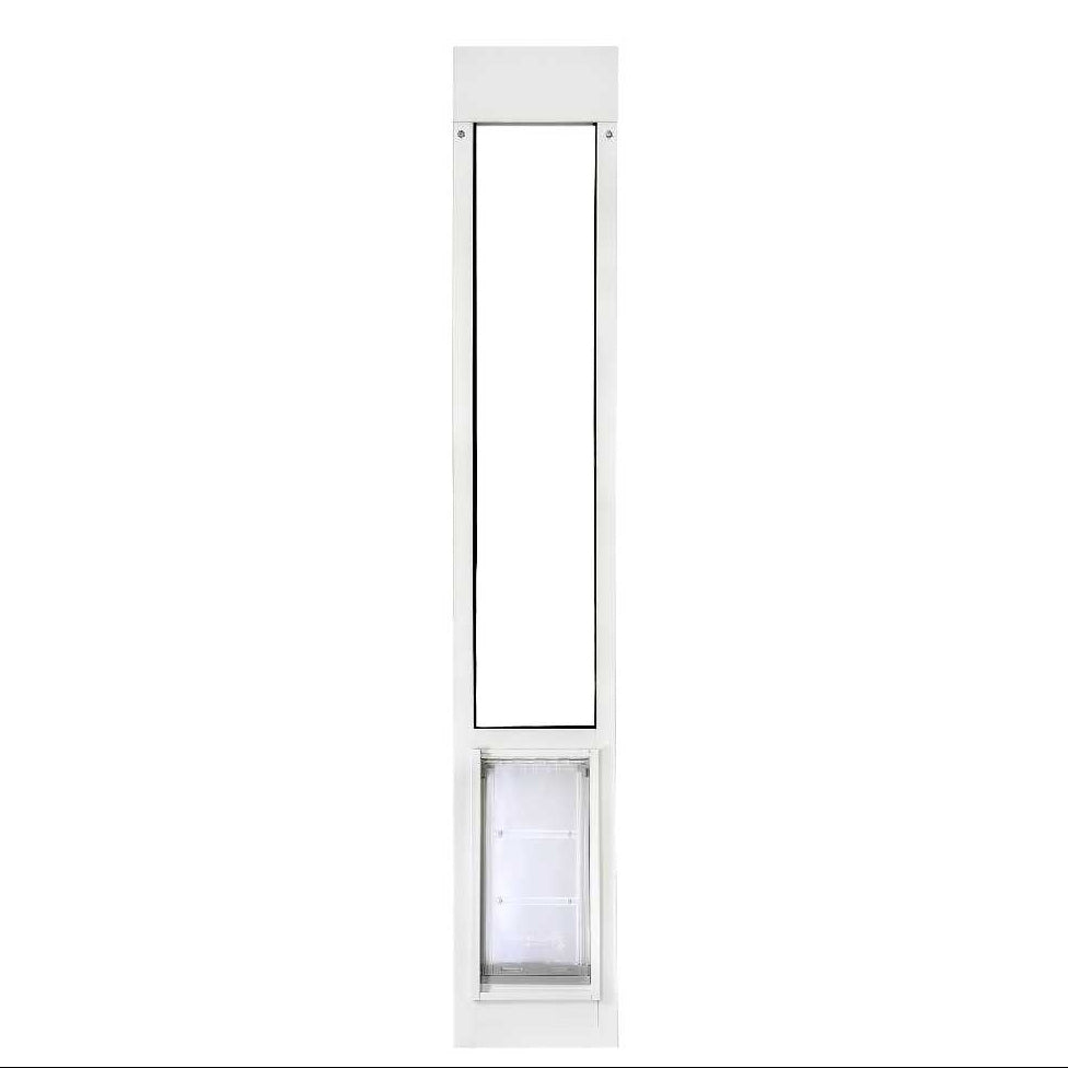 A white sliding glass door insert with a pet door.