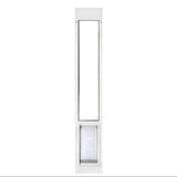 A white sliding glass door insert with a pet door.