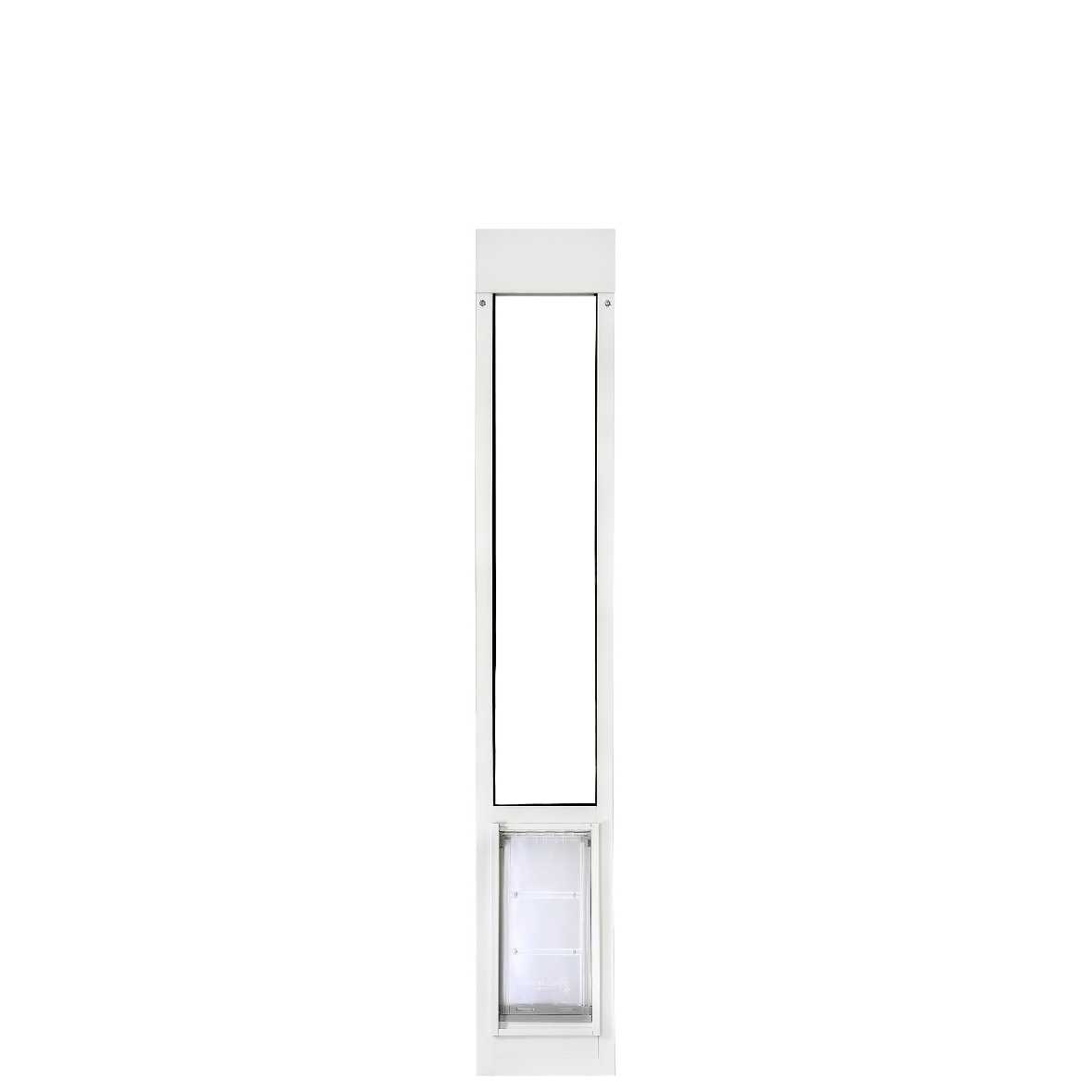 White sliding glass door insert with a pet door.