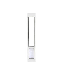 White sliding glass door insert with a pet door.