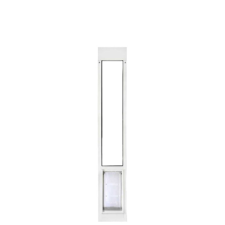 White sliding glass door insert with a pet door.