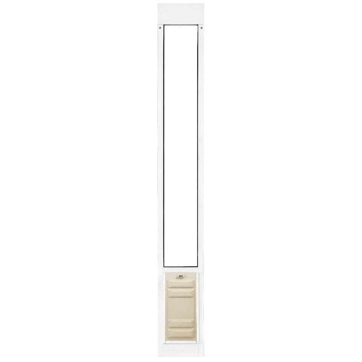 A white, rectangular pet door with a tan sliding panel.