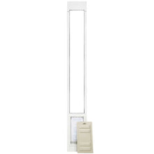 A white pet door insert for a sliding glass door with an open flap and a removable closing panel.