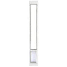 White sliding glass door insert with a pet door at the bottom.
