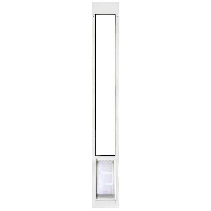 White sliding glass door insert with a pet door at the bottom.