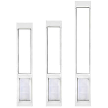 Three white adjustable pet door inserts of varying heights are shown isolated on a white background.