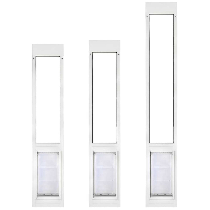 Three white adjustable pet door inserts of varying heights are shown isolated on a white background.