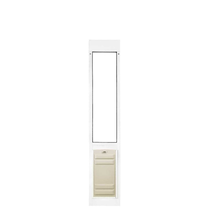 White patio panel pet door with tan flap.