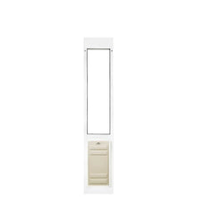 A white sliding glass door insert with a pet door.