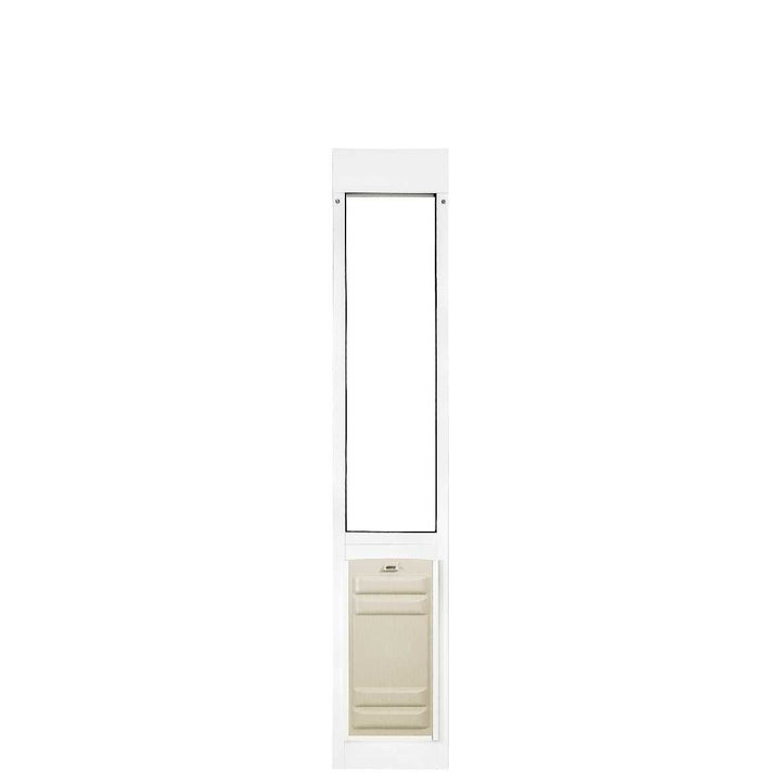 A white sliding glass door insert with a pet door.