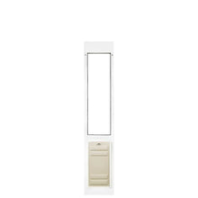 A white-framed pet door with a clear window above a beige flap.