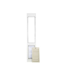 A white sliding glass door insert pet door with a tan panel lying beside it.