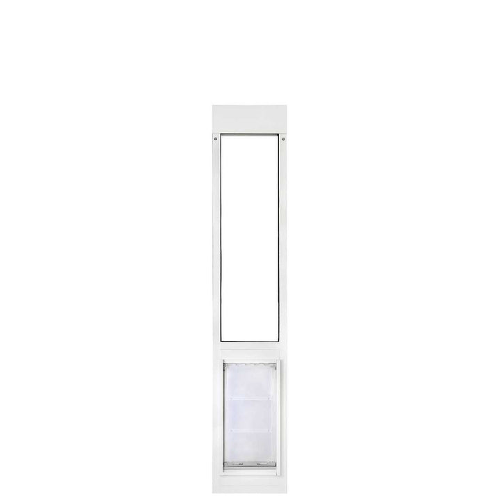 White sliding glass door insert with a pet door.