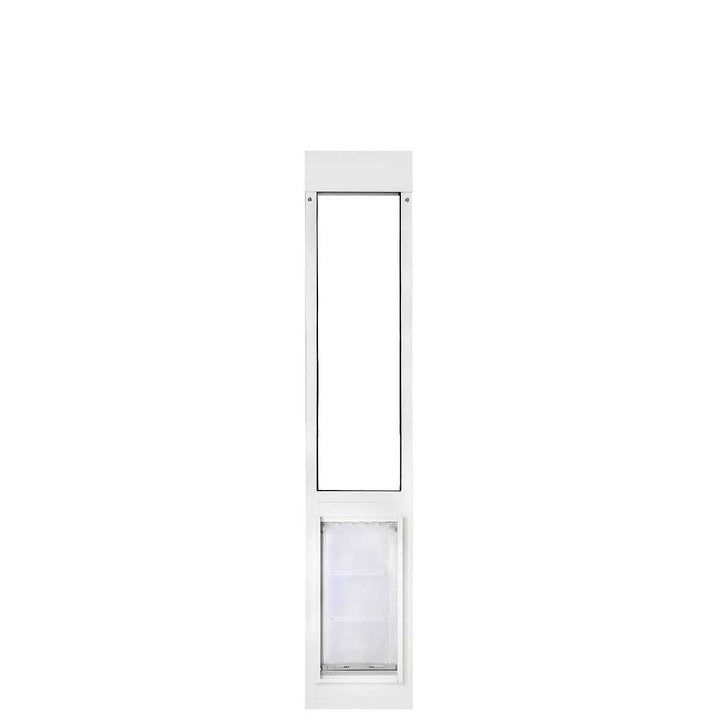 White framed sliding glass door insert with pet door.