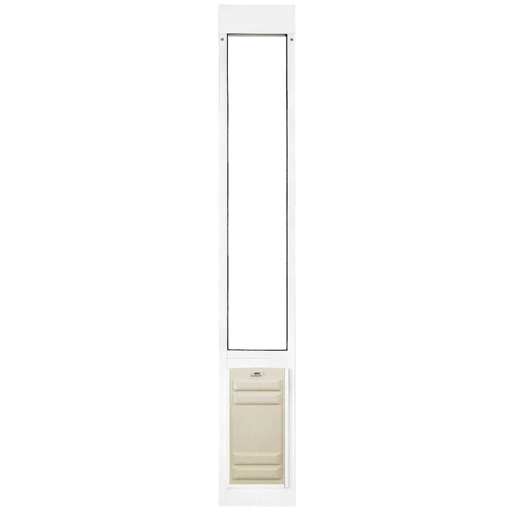 White patio door insert with a pet door.