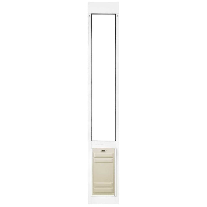 White sliding glass door insert with an attached pet door.