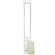 A white sliding glass door pet door insert with a beige panel.