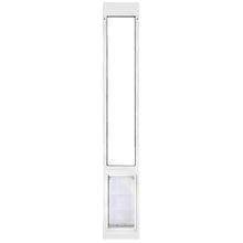 A white patio door insert with a pet door.