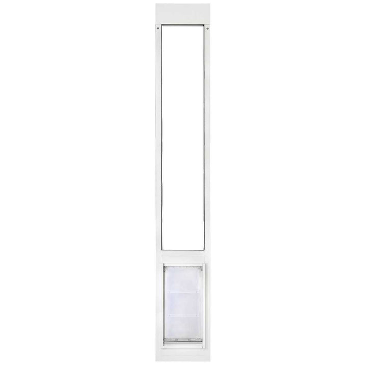 A white patio door insert with a pet door.