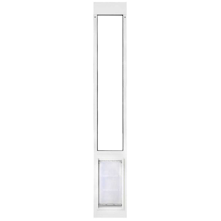 A white sliding glass door insert with a pet door.